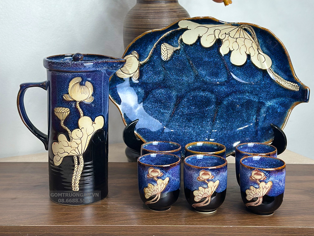 Bộ bình nước men hỏa biến xanh vẽ sen hàng nghệ nhân 1,5L cao cấp Bát Tràng 1